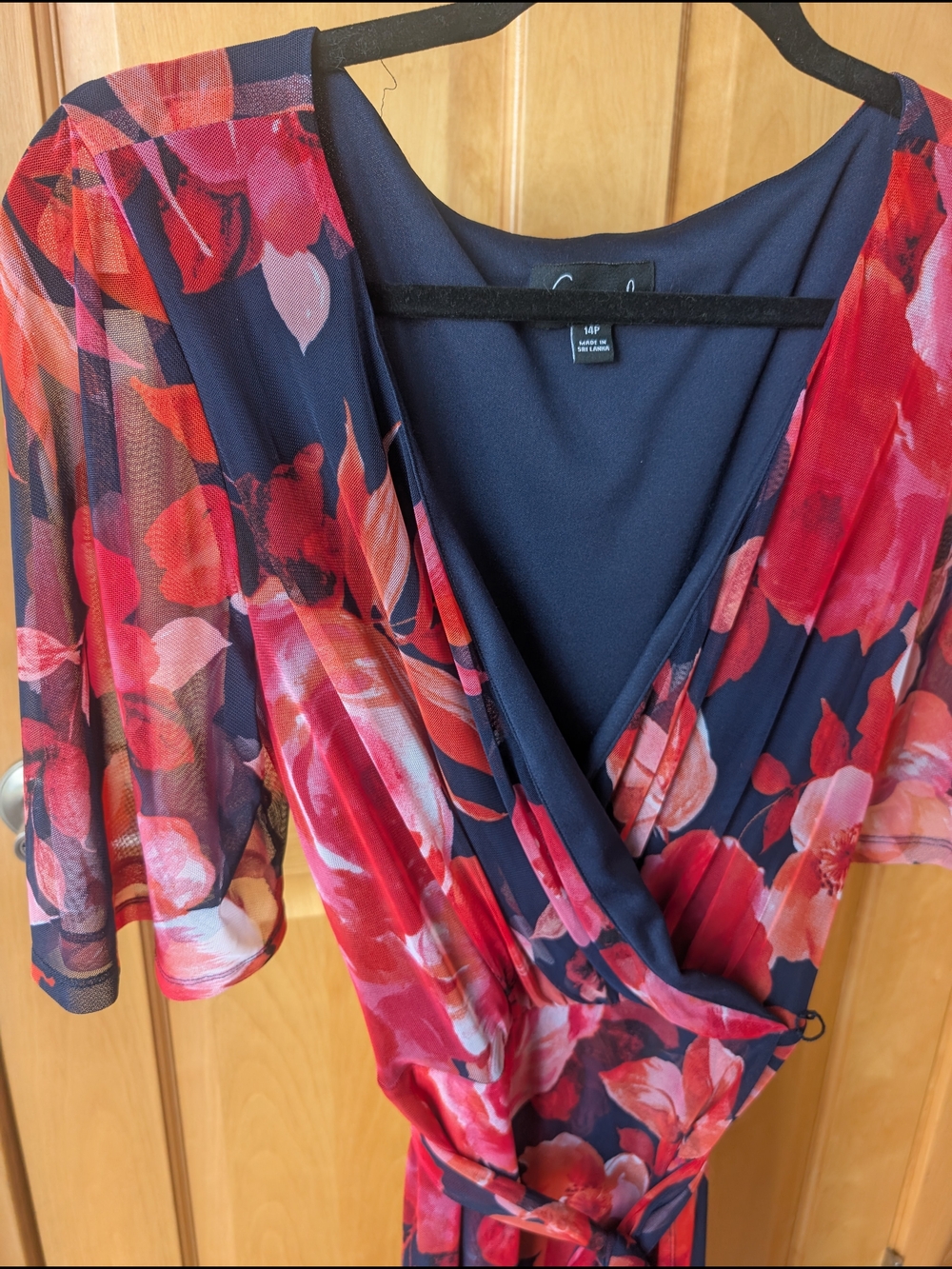 connected apparel Navy and Red Floral Midi Wrap Dress with Flutter Sleeves - Picture 2 of 9